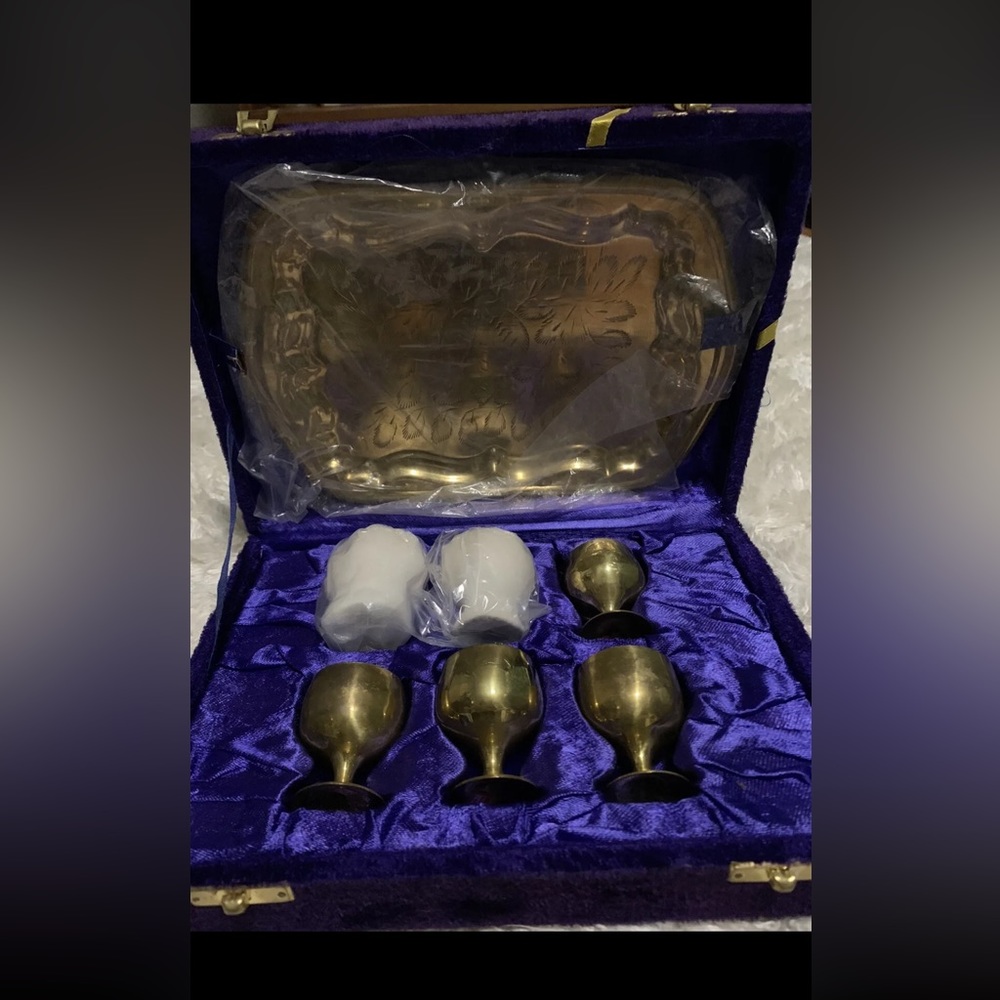 Vintage Brass Set 6 Small Cordial Wine Goblets & Tray in box